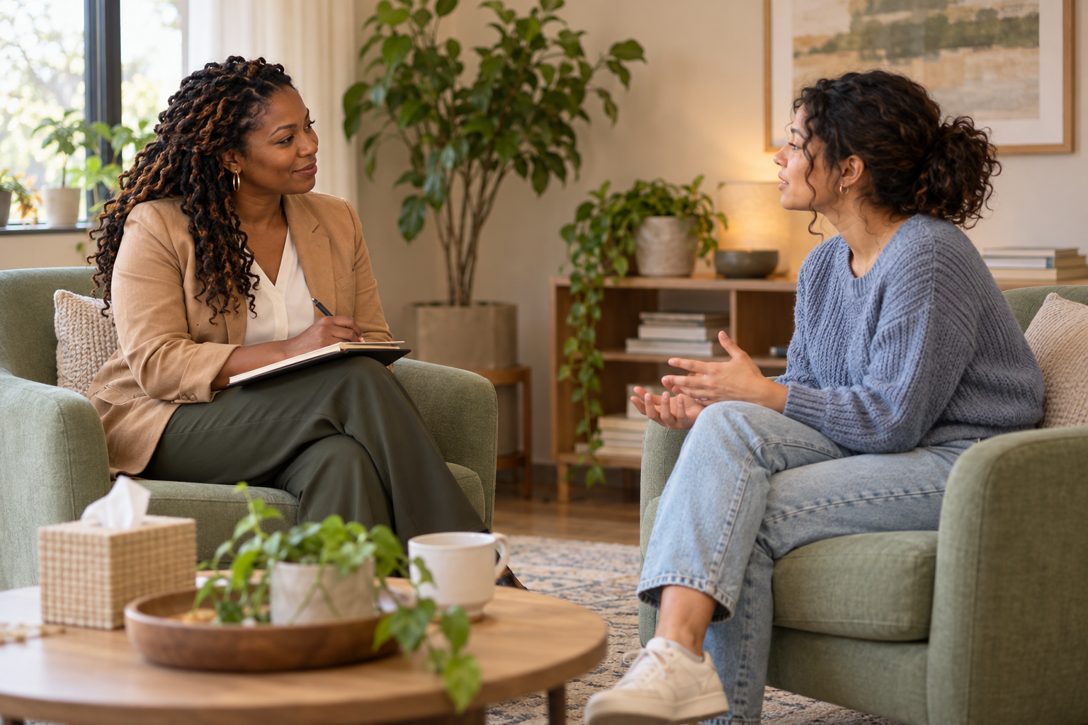 A therapist listening attentively to a client in a comfortable counseling room